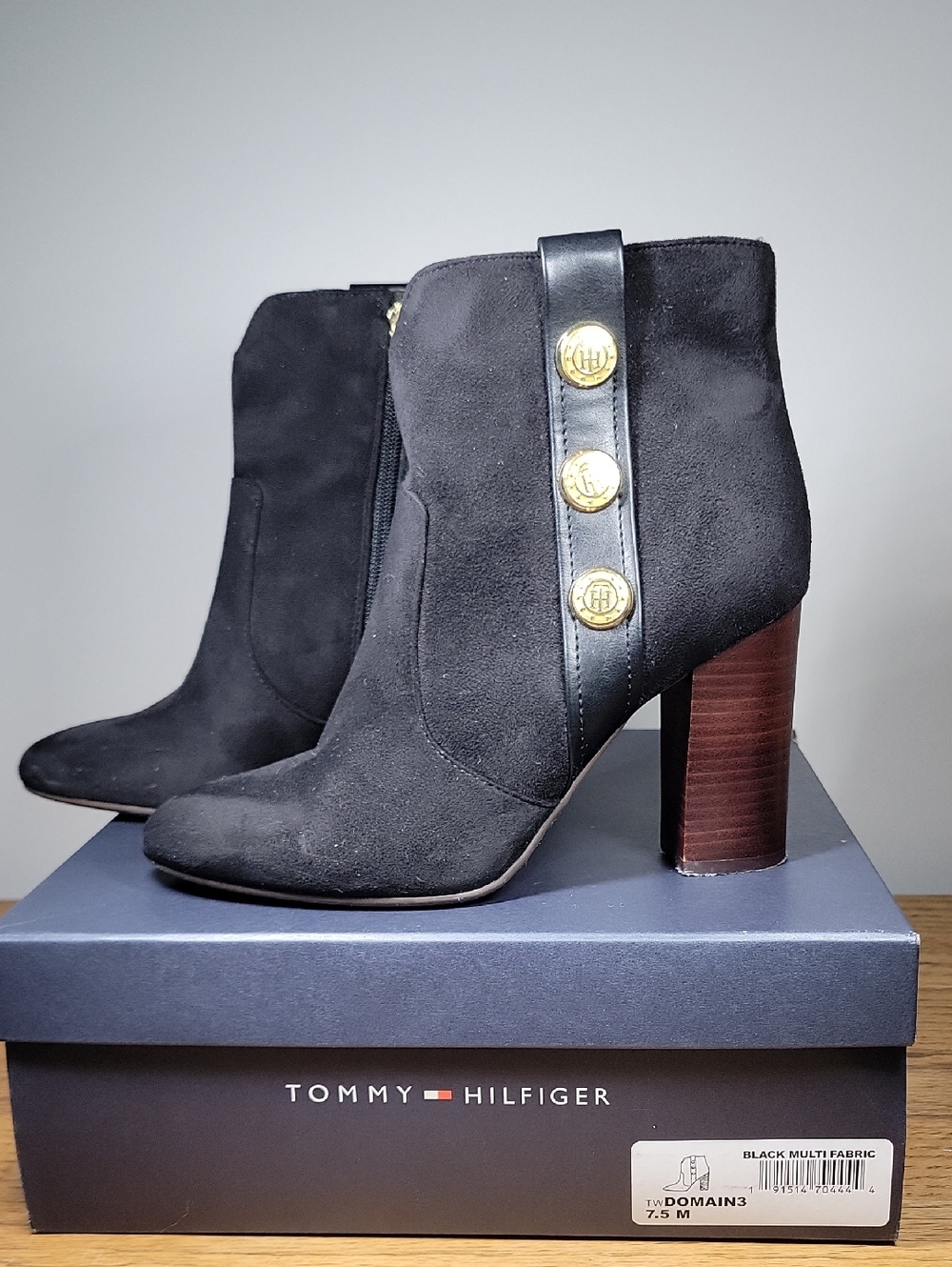 Tommy Hilfiger Domain 3 Black Suede Ankle Booties Size 7.5 with Gold Button Trim